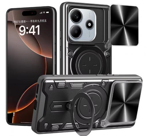 Удароустойчив гръб TPU кейс Slide Camera Case Magnetic Finger Ring Car Holder за Xiaomi Redmi Note 14 5G - черен