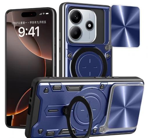 Удароустойчив гръб TPU кейс Slide Camera Case Magnetic Finger Ring Car Holder за Xiaomi Redmi Note 14 5G - син