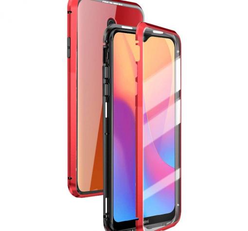 Магнитен калъф Bumper Case 360° FULL за Xiaomi Redmi 8A - прозрачен / червена рамка