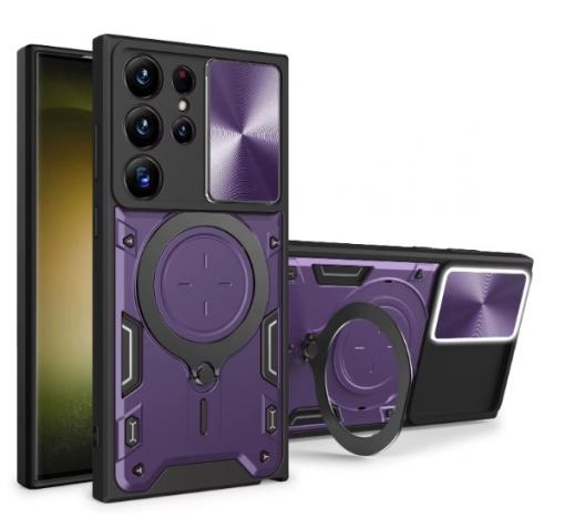 Удароустойчив гръб TPU кейс Slide Camera Case Magnetic Finger Ring Car Holder за Samsung S25 Ultra - лилав