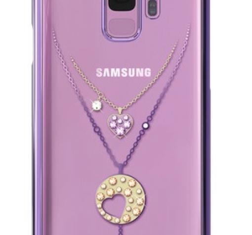 Луксозен твърд гръб KINGXBAR Swarovski Diamond за Samsung S9 G960 - прозрачен с лилав кант / колие