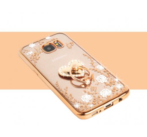 Луксозен силиконов калъф / гръб / TPU с камъни и стойка / сърце / за Samsung S6 Edge G925 - бели цветя / златист кант