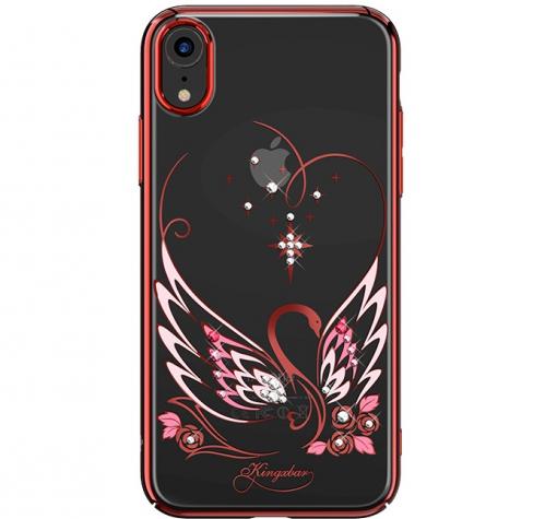 Луксозен твърд гръб KINGXBAR Swarovski Diamond за Apple iPhone XS Max - прозрачен / червен кант / swan
