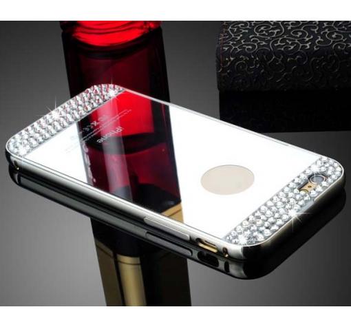 Луксозен алуминиев бъмпер с твърд гръб и камъни за Apple iPhone 6 / iPhone 6S - сребрист / огледален