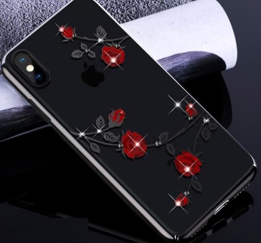 Луксозен твърд гръб KINGXBAR Swarovski Diamond за Apple iPhone X / iPhone XS - прозрачен / черен кант / червени рози