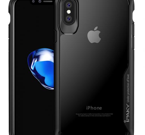 Луксозен твърд гръб със силиконов кант IPAKY за Apple iPhone X - прозрачен / черен кант
