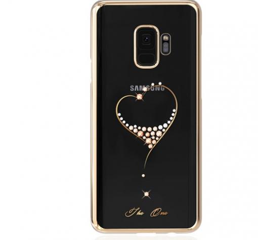 Луксозен твърд гръб KINGXBAR Swarovski Diamond за Samsung S9 G960 - прозрачен със златист кант / сърце