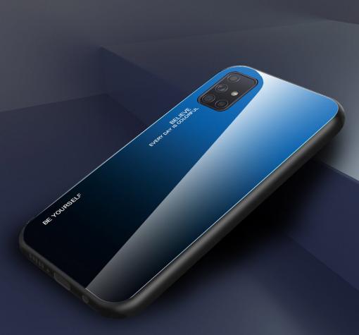 Луксозен стъклен твърд гръб за Samsung A41 – преливащ / синьо - черно