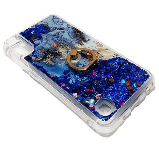 Луксозен силиконов калъф / гръб / tpu 3D Water Case със стойка за Samsung A10 - мрамор / син брокат и сърца