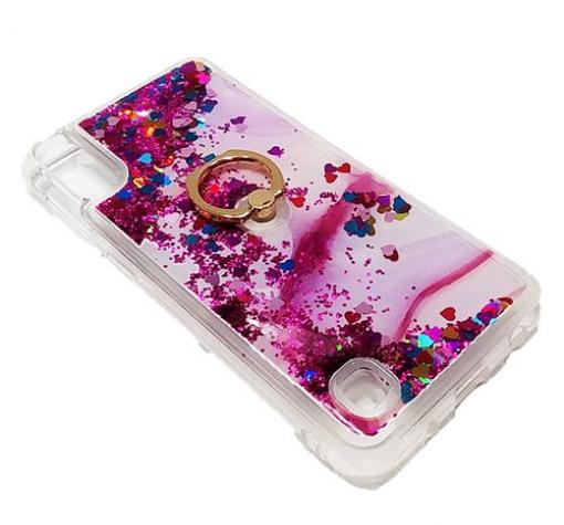 Луксозен силиконов калъф / гръб / tpu 3D Water Case със стойка за Samsung A10 - мрамор / розов брокат и сърца