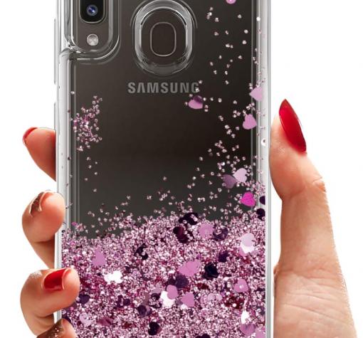 Луксозен твърд гръб 3D Water Case за Samsung A11 - прозрачен / течен гръб с брокат / сърца / розов