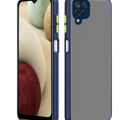 Луксозен твърд гръб / кейс / Shockproof за Samsung A12 - прозрачен / мат / тъмно син кант