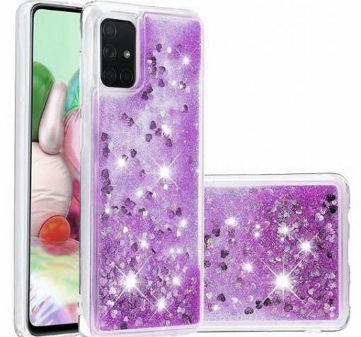 Луксозен твърд гръб 3D Water Case за Huawei Y5p - прозрачен / течен гръб с брокат / сърца / лилав