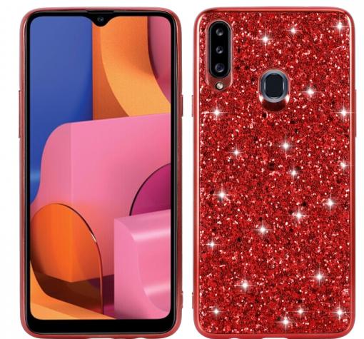 Луксозен твърд гръб за Samsung A20s - червен / брокат