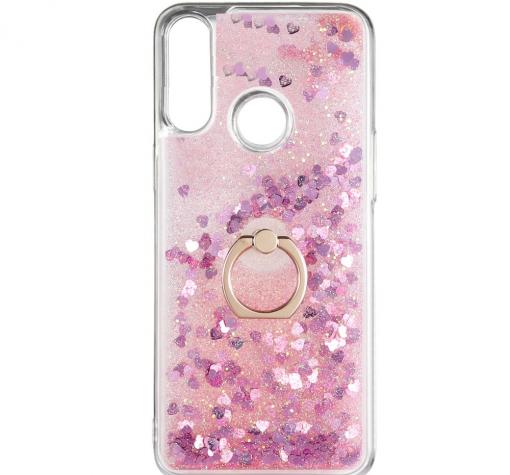 Луксозен твърд гръб 3D Water Case със стойка Ring за Samsung A20s - прозрачен / течен гръб с брокат / сърца / розов