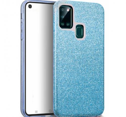 Силиконов калъф / гръб / TPU за Samsung A21s - син / брокат