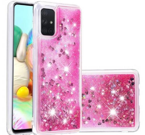 Луксозен твърд гръб 3D Water Case за Huawei Y5p - прозрачен / течен гръб с брокат / сърца / розов