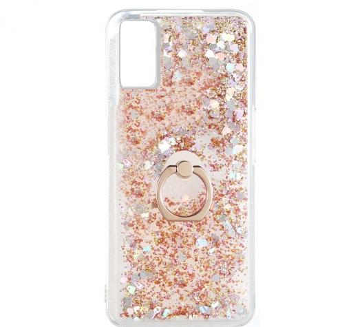 Луксозен твърд гръб 3D Water Case със стойка Ring за Xiaomi Redmi Note 10 Pro - прозрачен / течен гръб с брокат / сърца / златист