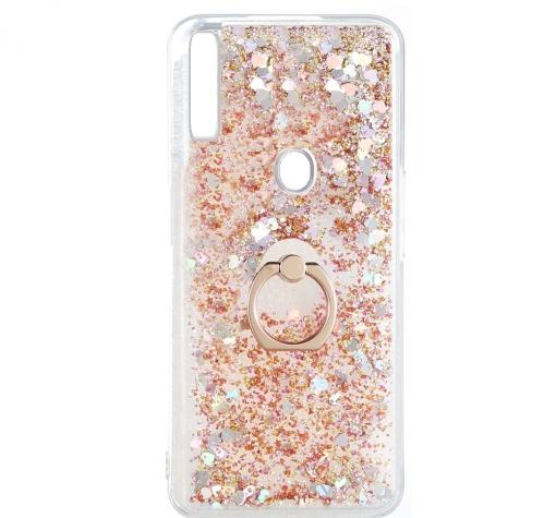 Луксозен твърд гръб / кейс / 3D Water Case със стойка Ring за Samsung A52 5G - прозрачен / течен гръб с брокат / сърца / златист