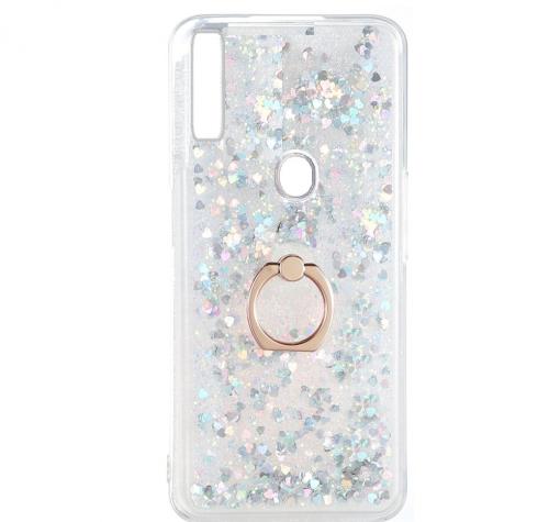 Луксозен твърд гръб 3D Water Case със стойка Ring за Samsung A20s - прозрачен / течен гръб с брокат / сърца / сребрист