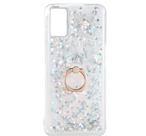 Луксозен твърд гръб 3D Water Case със стойка Ring за Xiaomi Redmi Note 10 Pro - прозрачен / течен гръб с брокат / сърца / сребрист