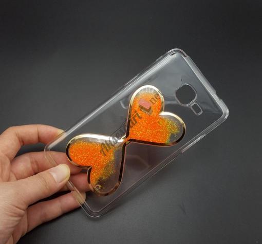 Силиконов калъф / гръб / TPU 3D за Samsung J7 2016 J710 - прозрачен с оранжев брокат / пясъчен часовник / сърца