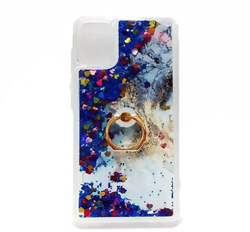 Луксозен силиконов калъф / гръб / tpu 3D Water Case със стойка за Samsung A51 - мрамор / син брокат и сърца
