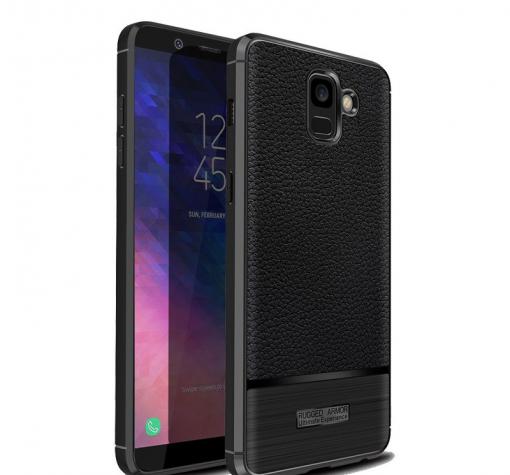 Луксозен силиконов калъф / гръб / TPU за Samsung J6 2018 - черен / имитиращ кожа / Rugged Armor