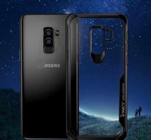 Луксозен твърд гръб със силиконов кант IPAKY за Samsung A6 Plus 2018 - прозрачен / черен кант