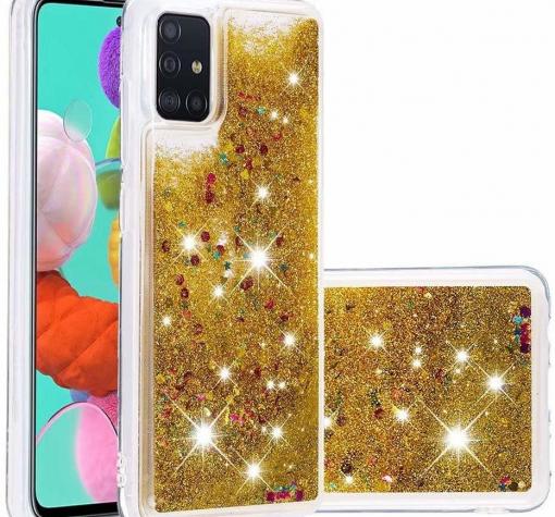 Луксозен гръб 3D Water Case за Samsung A42 - прозрачен / течен гръб златист брокат
