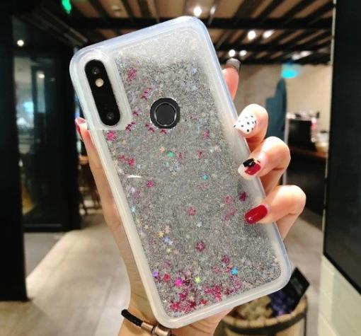 Луксозен твърд гръб 3D Water Case за Huawei Y7 2019 - прозрачен / течен гръб с брокат / сребрист / звездички