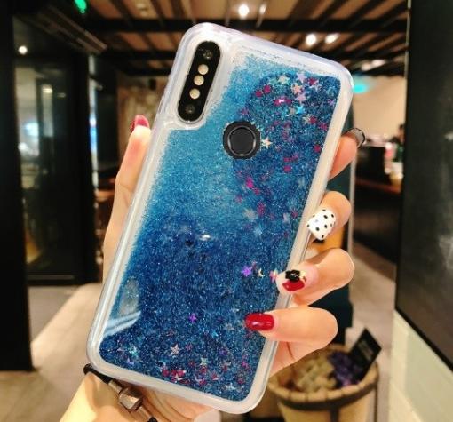 Луксозен твърд гръб 3D Water Case за Huawei Y7 2019 - прозрачен / течен гръб със син брокат / звездички