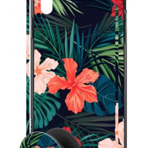 Луксозен твърд гръб 3in1 със стъклен протектор и Popsocket за Apple iPhone 6 / iPhone 6S - цветя