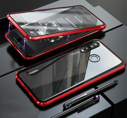 Магнитен калъф Bumper Case 360° FULL за Huawei P30 Lite - прозрачен / червена рамка