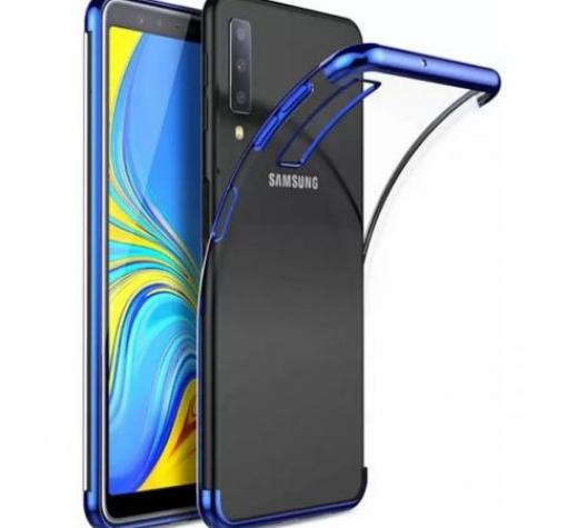 Луксозен силиконов калъф / гръб / TPU за Samsung A70 - прозрачен / син кант