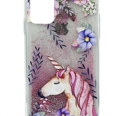 Луксозен твърд гръб 3D Water Case за Samsung A21s - течен гръб с розов брокат / Unicorn