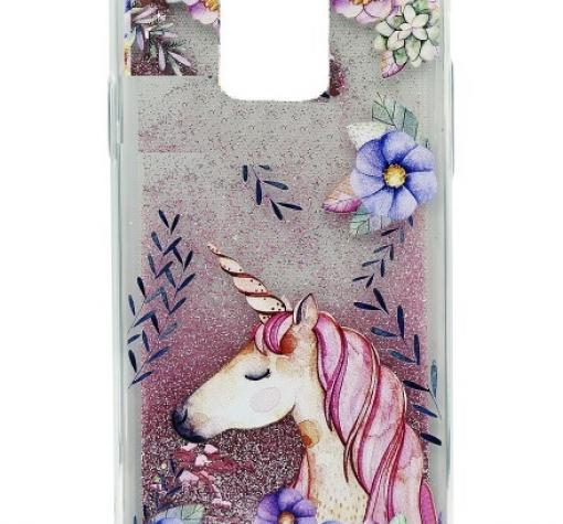 Луксозен твърд гръб 3D Water Case за Xiaomi Redmi Note 9s / Note 9 pro - течен гръб с розов брокат / Unicorn