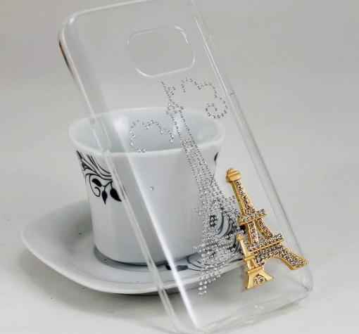 Луксозен твърд гръб с камъни за Samsung S7 G930 - прозрачен / Айфелова кула