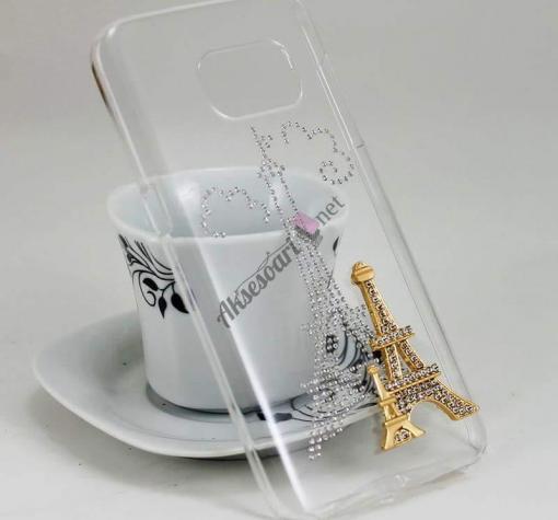 Луксозен твърд гръб с камъни за Samsung S7 Edge G935 - прозрачен / Айфелова кула