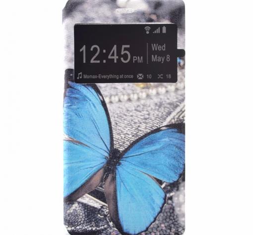 Кожен калъф Flip тефтер S-view със стойка за Samsung A3 2017 A320 - сив / синя пеперуда
