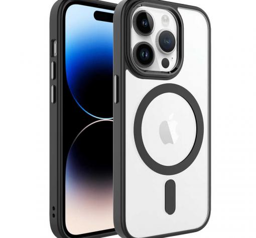Силиконов калъф / кейс / Clear Case с безжично зареждане MagSafe за Apple iPhone 14 Pro (6.1) - прозрачен с черен кант