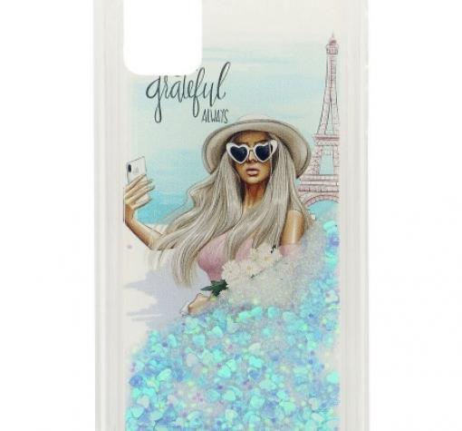 Луксозен твърд гръб 3D Water Case за Huawei Y5p - течен гръб с тюркоазен брокат / Girl in Paris