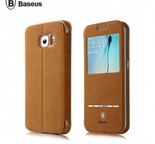 Луксозен кожен калъф Flip тефтер S-View Baseus Terse Leather Case за Samsung S6 Edge G925 - кафяв със стойка