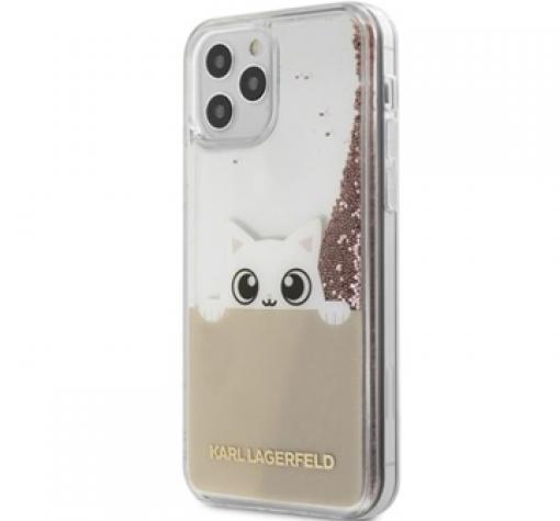 Оригинален калъф KARL LAGERFELD Liquid Glitter Case за Apple iPhone 12 mini 5.4" - прозрачен / розов брокат / Cat