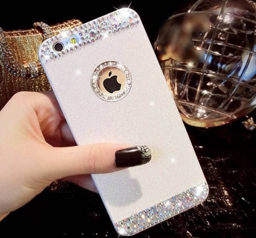 Луксозен твърд гръб с камъни за Apple iPhone 6 / iPhone 6S - бял / блестящ