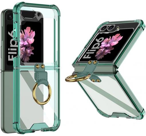 Луксозен удароустойчив гръб / кейс / Ring Case за Samsung Z Flip 6 - зелен / прозрачен