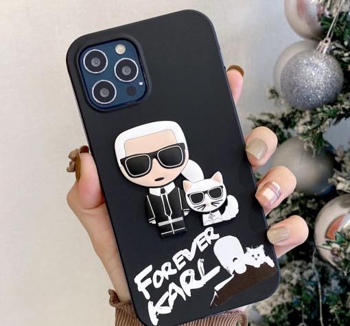 Луксозен гръб Karl Lagerfeld за Apple iPhone 12 Pro Max 6.7" - Karl Forever & Cat / черен / тъмно синя рамка