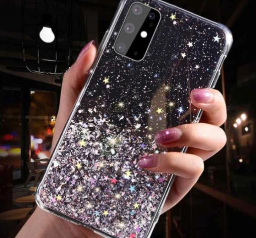 Силиконов калъф / гръб / TPU Brillant Clear Case за Samsung A02s - черен / сребрист брокат