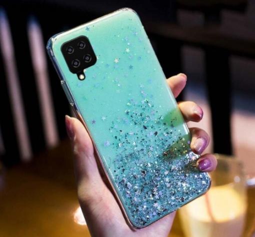 Силиконов калъф / гръб / TPU Brillant Clear Case за Samsung A12 - син / сребрист брокат