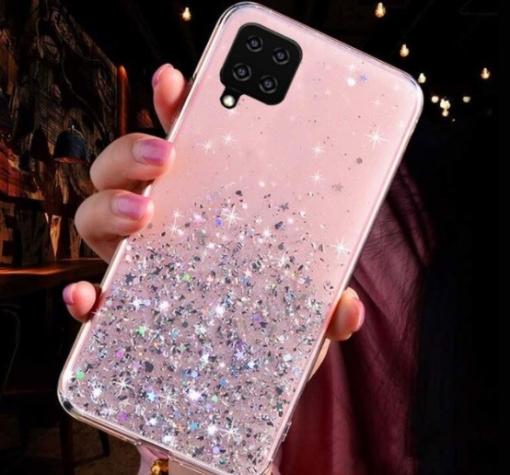 Силиконов калъф / гръб / TPU Brillant Clear Case за Samsung A12 - розов / сребрист брокат